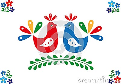 Colorful birds inspired by Moravian folk ornaments Vector Illustration